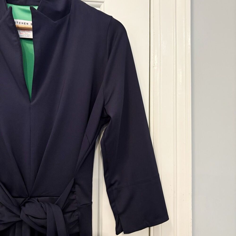 Gretchen Scott Navy Blue Tie Dress Stretch Size M Packable Travel - Picture 4 of 7